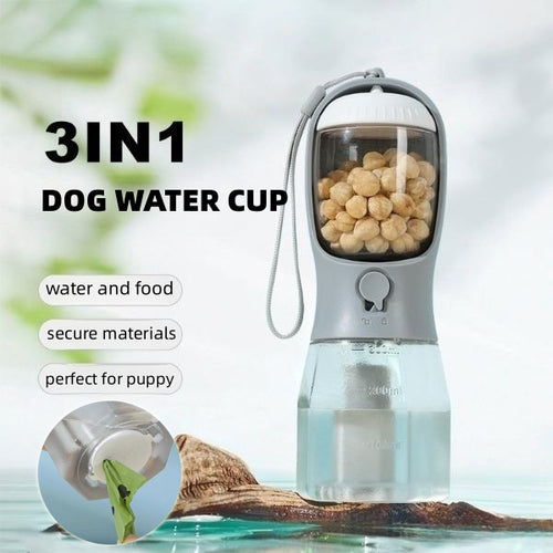 3-in-1 Dog Travel Water Bottle – Feeder & Waste Bag Holder